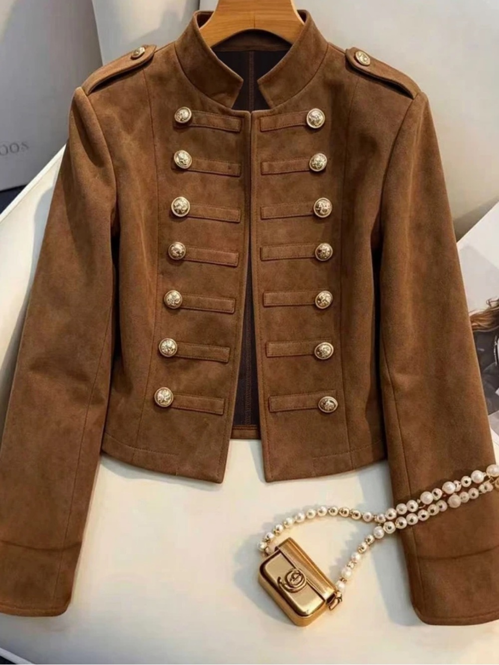 Women Autumn Faux Suede Cropped Jacket Stand Collar Double Breast